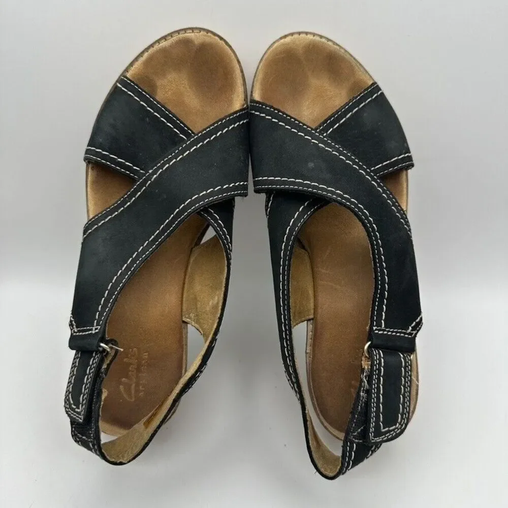 Clarks Artisan Women's Annadel Eirwyn Wedge Sandal‎ Size 7.5M Black Suede 38 EU